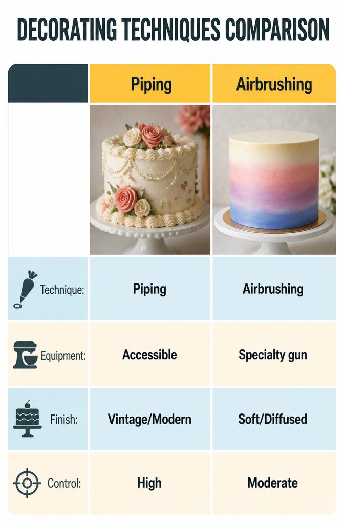 Comparison of cake decorating techniques: piping, airbrushing, and stenciling.