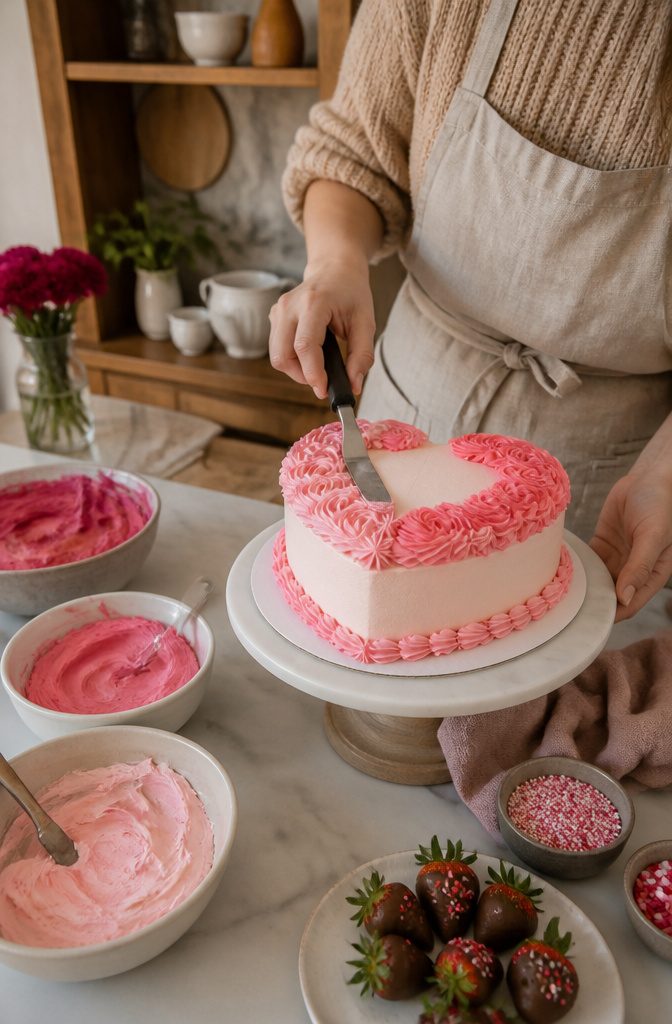 Baker decorating a heart-shaped cake with pink buttercream.