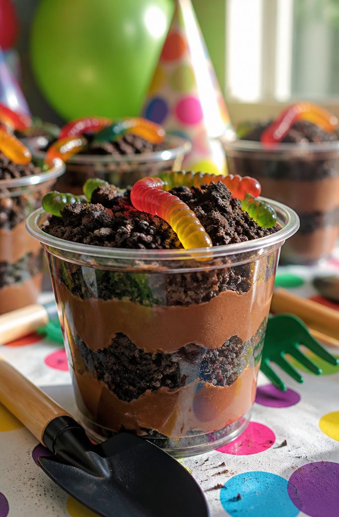 Layered chocolate pudding dessert with cookie crumbs and worms.