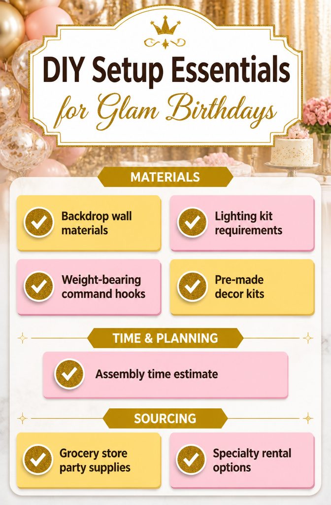 Happy Birthday Glam: Decor, Outfits, Cakes, Cards and More 8 Essential items for setting up a glamorous birthday decor.