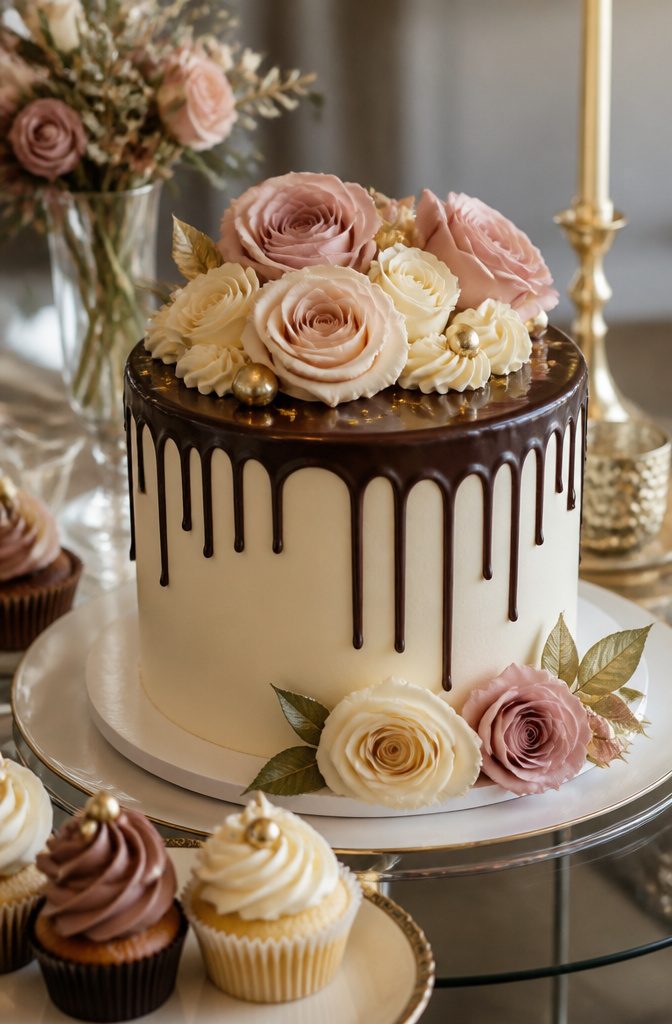 Ivory buttercream cake with dark chocolate ganache drips.