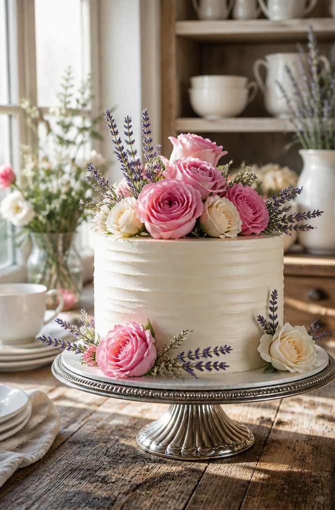 A white buttercream cake decorated with fresh flowers on top.