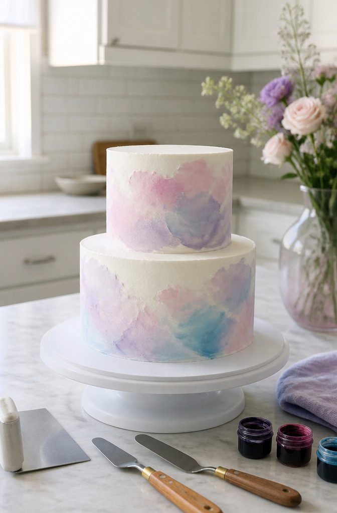 Two-tier cake with watercolor buttercream in pastel colors and white base.