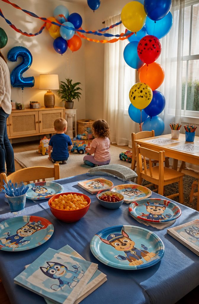 17 Best 2nd Birthday Party Themes Kids Will Love 18 Character-themed party setup with plates and decorations from Bluey and Paw Patrol.