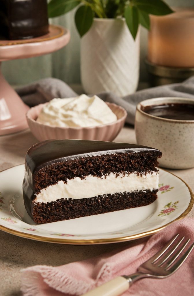 Hostess Chocolate Cake with Marshmallow Filling & Ganache 8 Cross-section of Hostess chocolate cake with marshmallow filling and bowls of frosting.