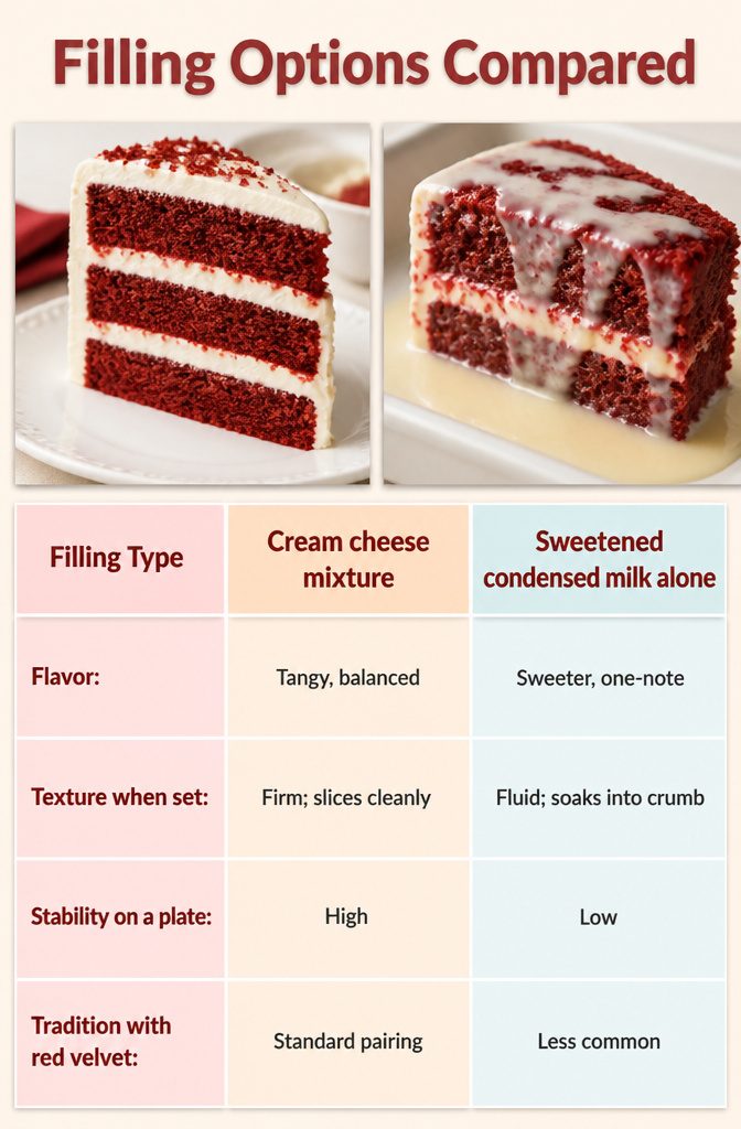 Chart showing differences between cream cheese and sweetened condensed milk fillings.