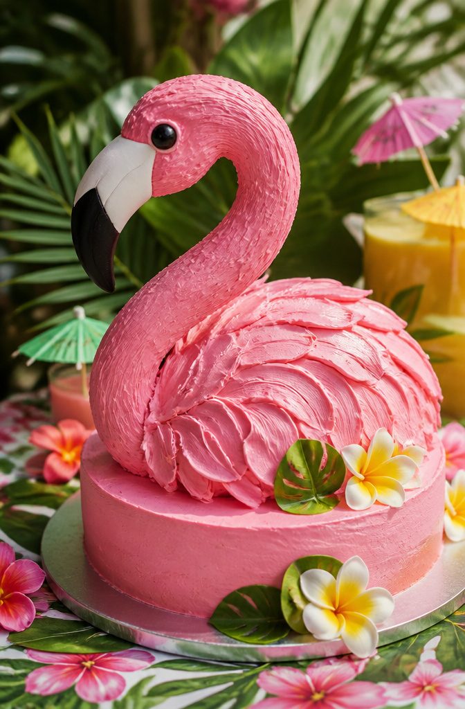 A flamingo-shaped cake covered in pink buttercream.