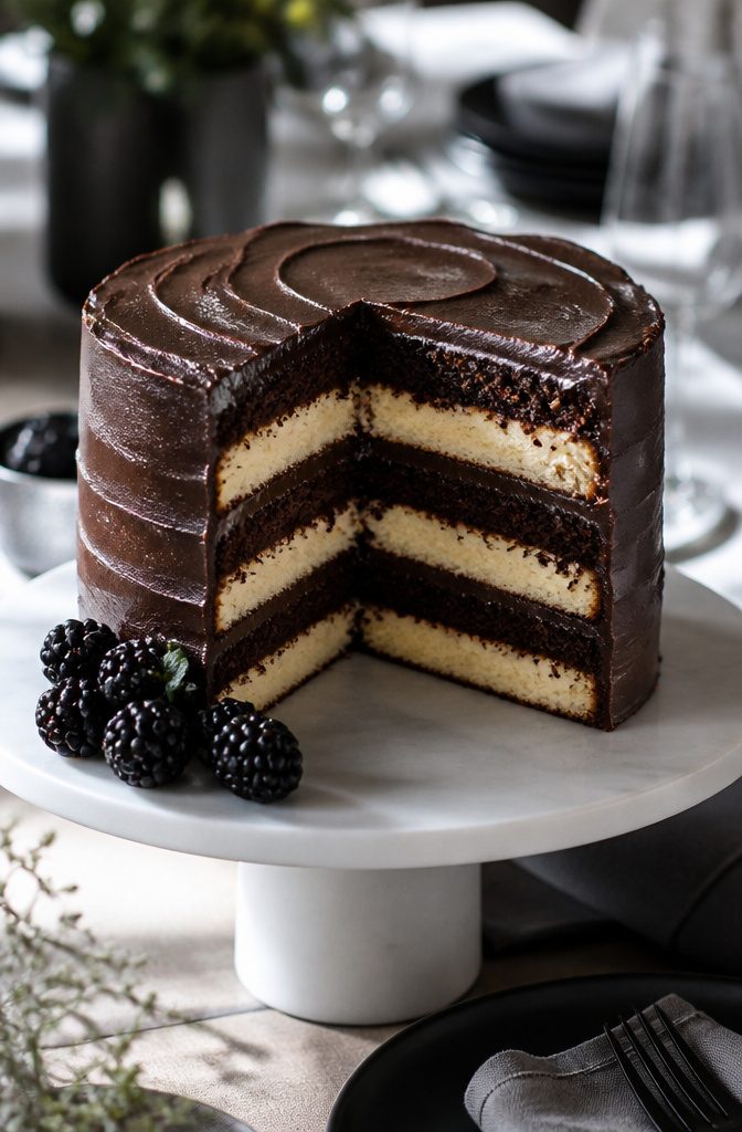 A black and white cake showing vanilla and chocolate layers.