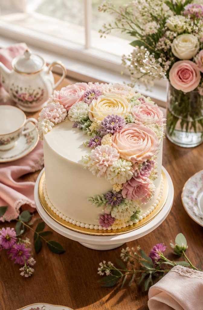 A cake decorated with piped buttercream flowers and fresh greenery.