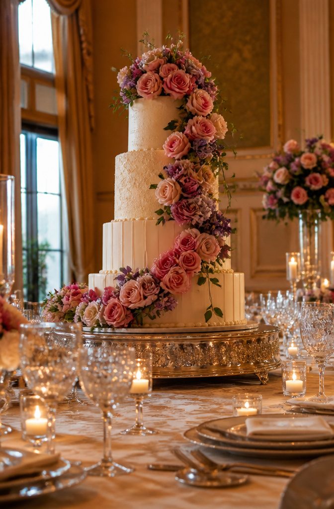 A three-tier cake decorated with fresh flowers.