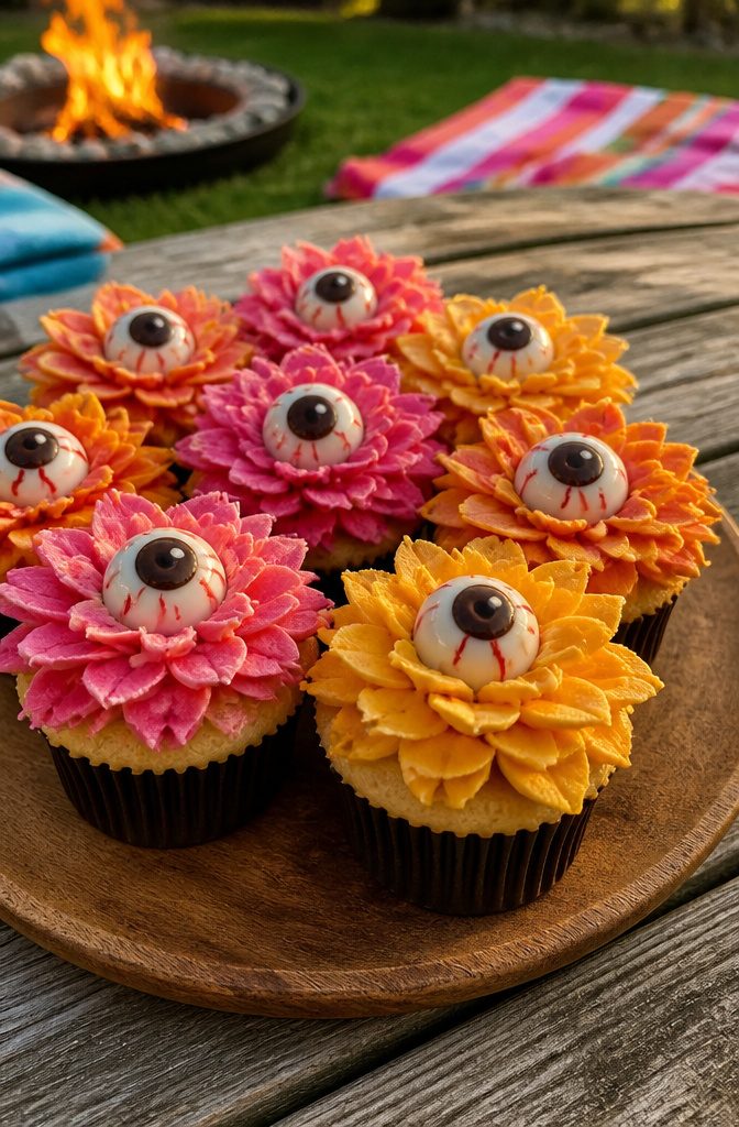 Cupcakes decorated with buttercream flowers and chocolate eyeballs.