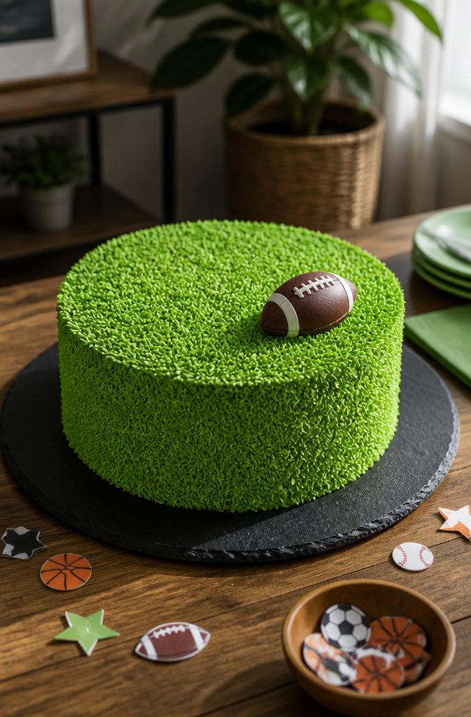 18 Simple Cake Designs Anyone Can Make at Home 12 Cake with green frosting resembling grass and a fondant football.