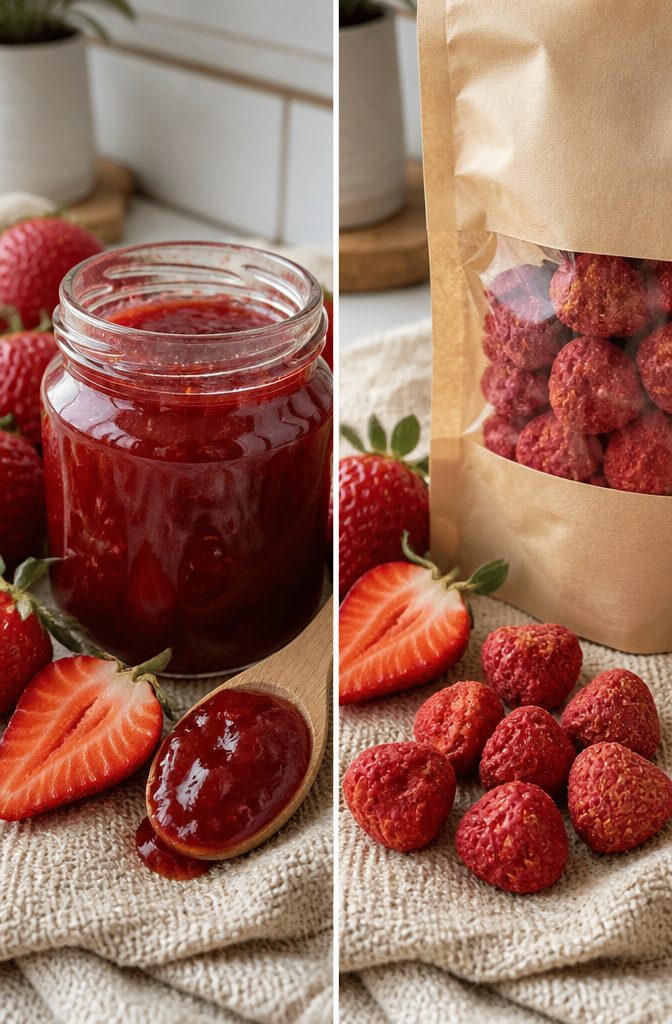 A bowl of fresh strawberry jam with strawberries nearby.