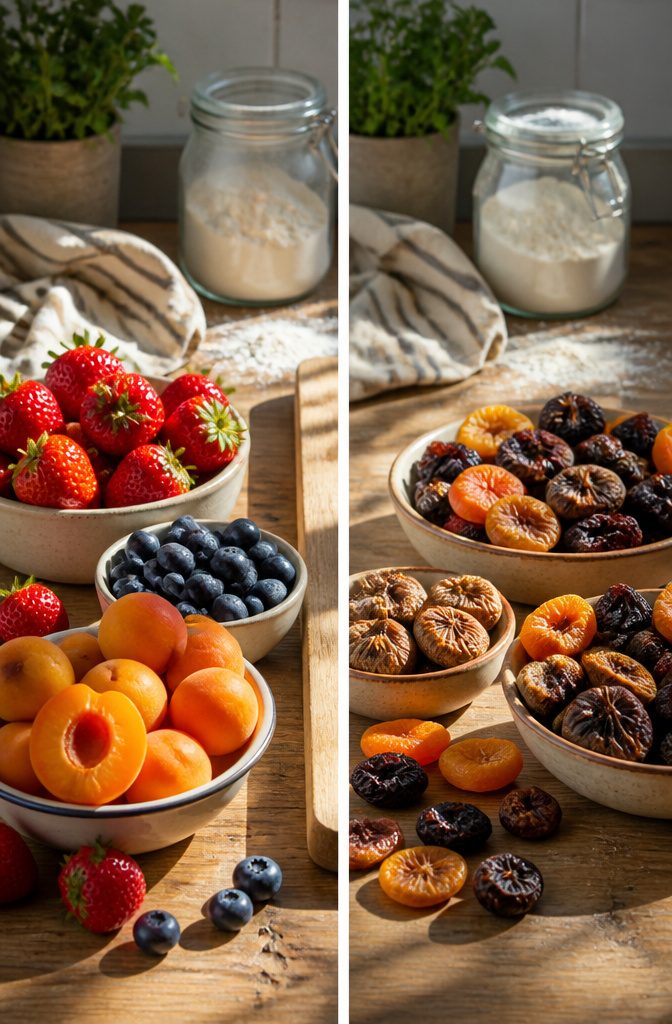 A comparison of fresh and dried fruit for baking.