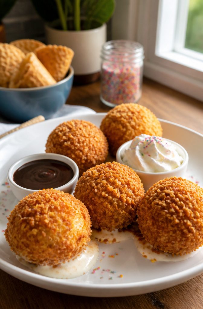 Fried ice cream balls on a platter with chocolate sauce.