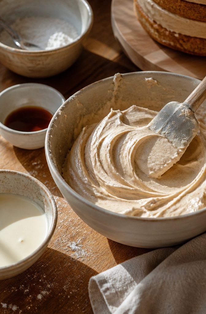 Bowl of cinnamon buttercream frosting with a spatula.