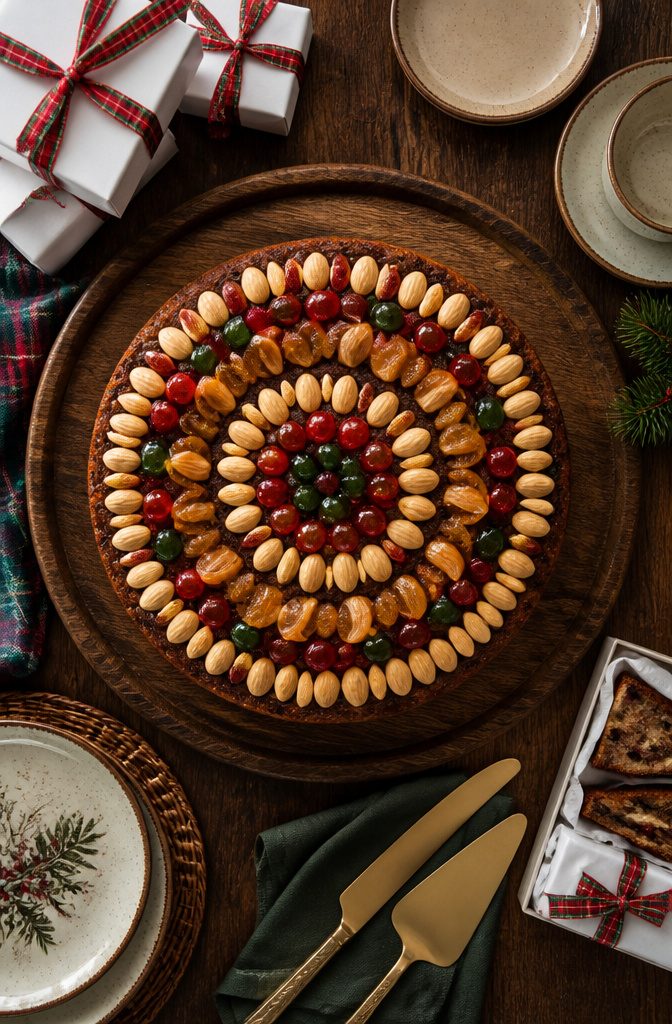 A fruitcake decorated with cherries and almonds on top.