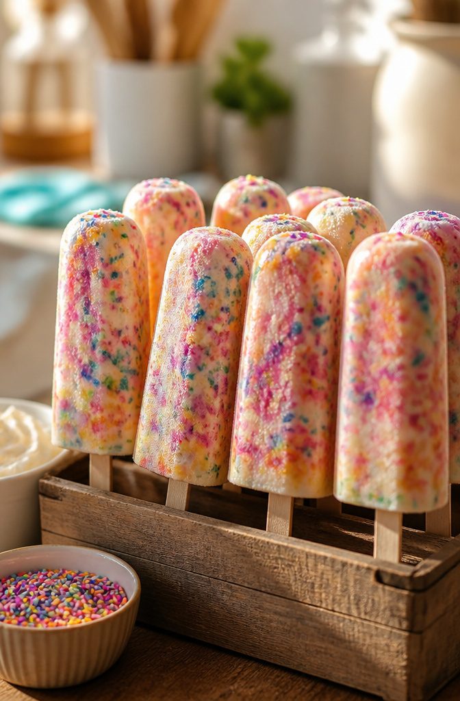 Popsicles made from funfetti cake batter and sprinkles.
