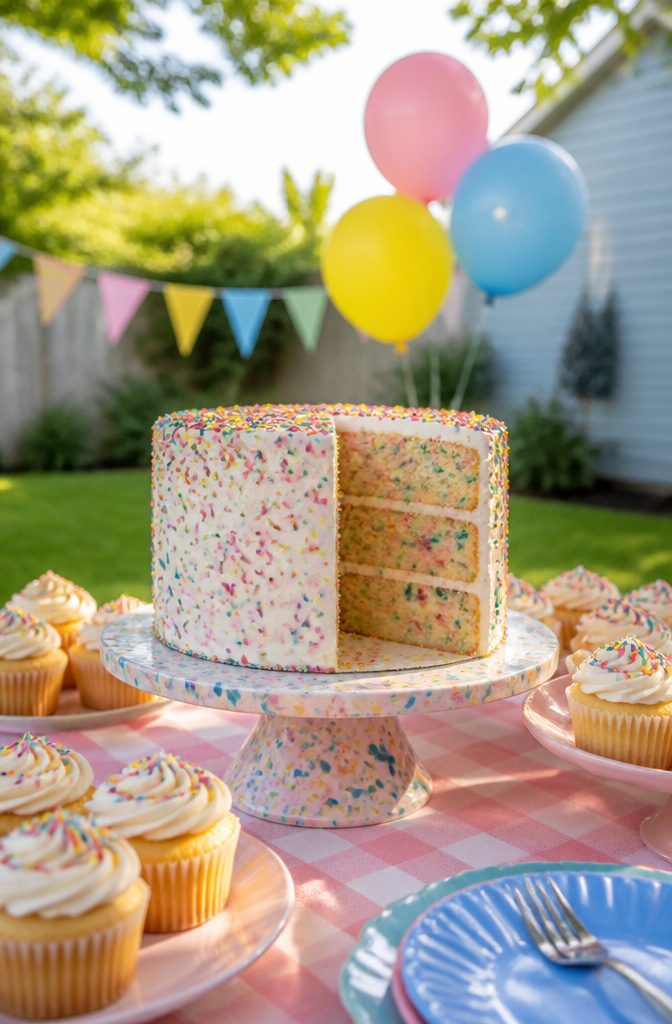 20 Summer Birthday Cake Ideas for Every Celebration 16 Funfetti cake with sprinkle-filled layers and mini cupcakes around it.