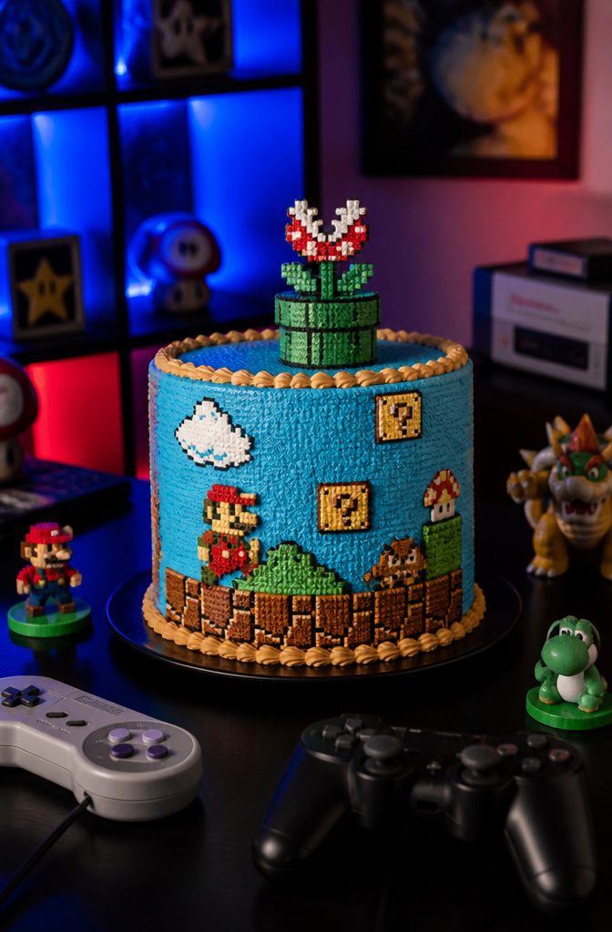 Pixel art cake reflecting classic arcade game characters in buttercream.