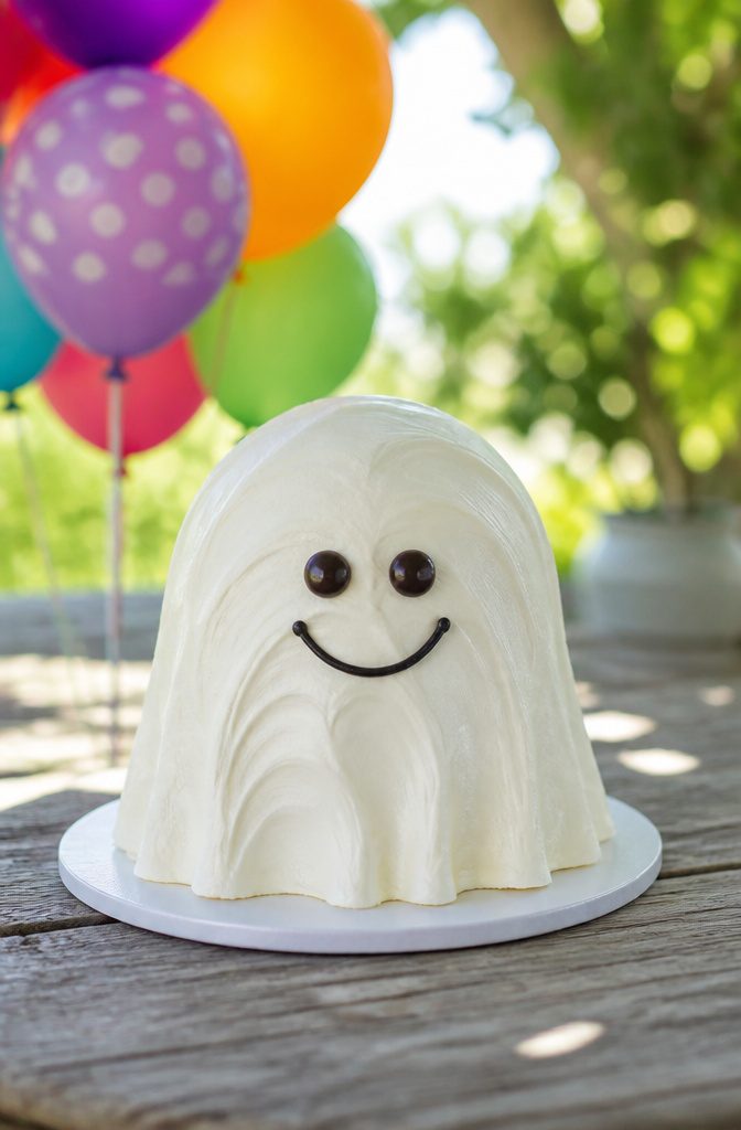 A rounded ghost cake decorated with bright colored balloons.