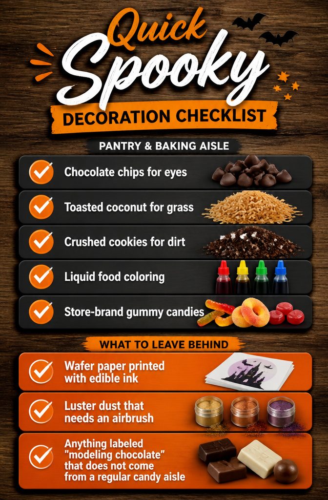 A checklist of quick spooky decoration ideas for cakes.