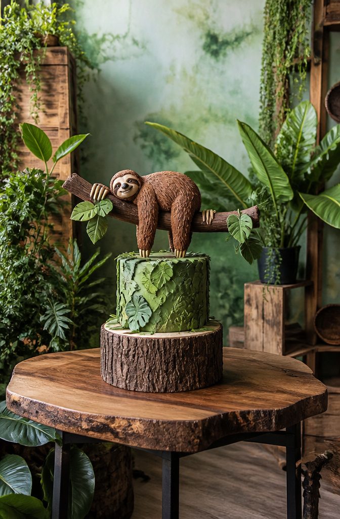 A cake shaped like a sloth hanging from a branch.