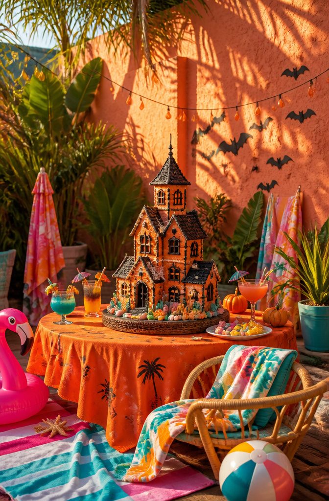 A cake shaped like a haunted house with colorful candy accents.