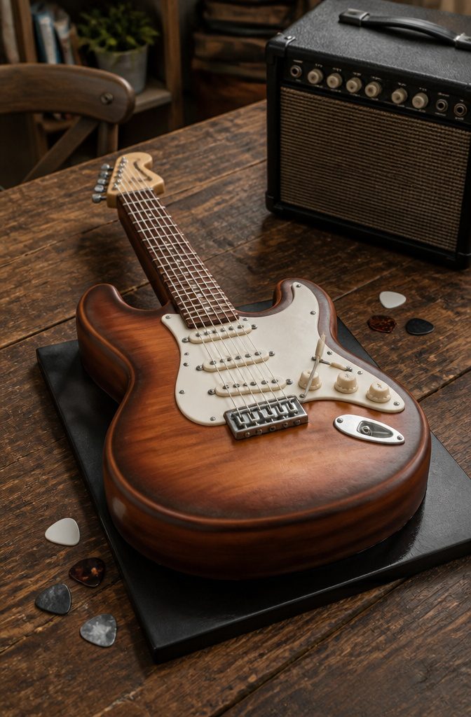 Guitar cake with authentic wood-like appearance and detailed strings.
