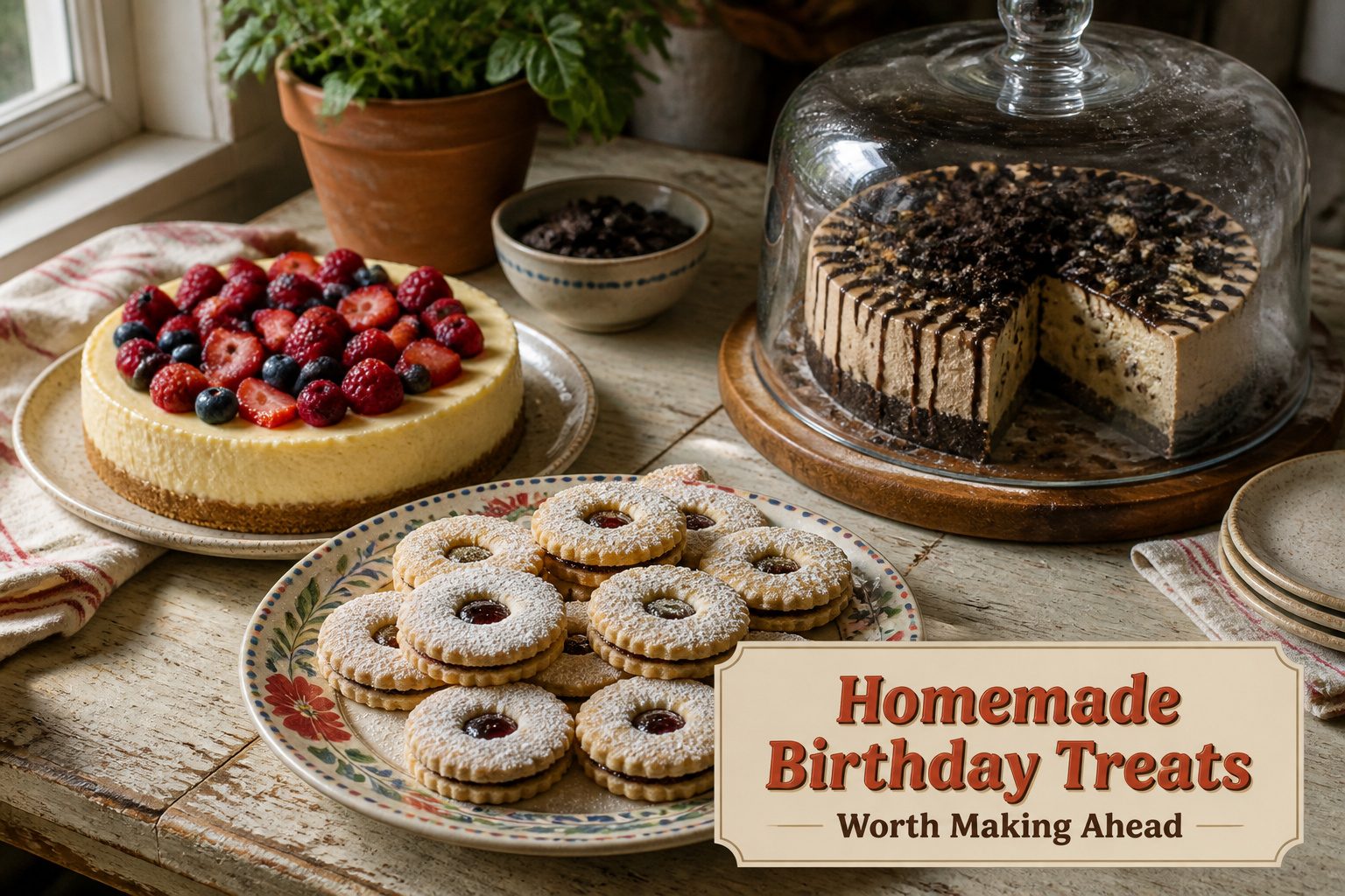 A variety of homemade birthday treats displayed on a table.