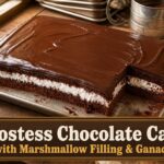 Homemade Hostess chocolate cake with layers of marshmallow filling and ganache.