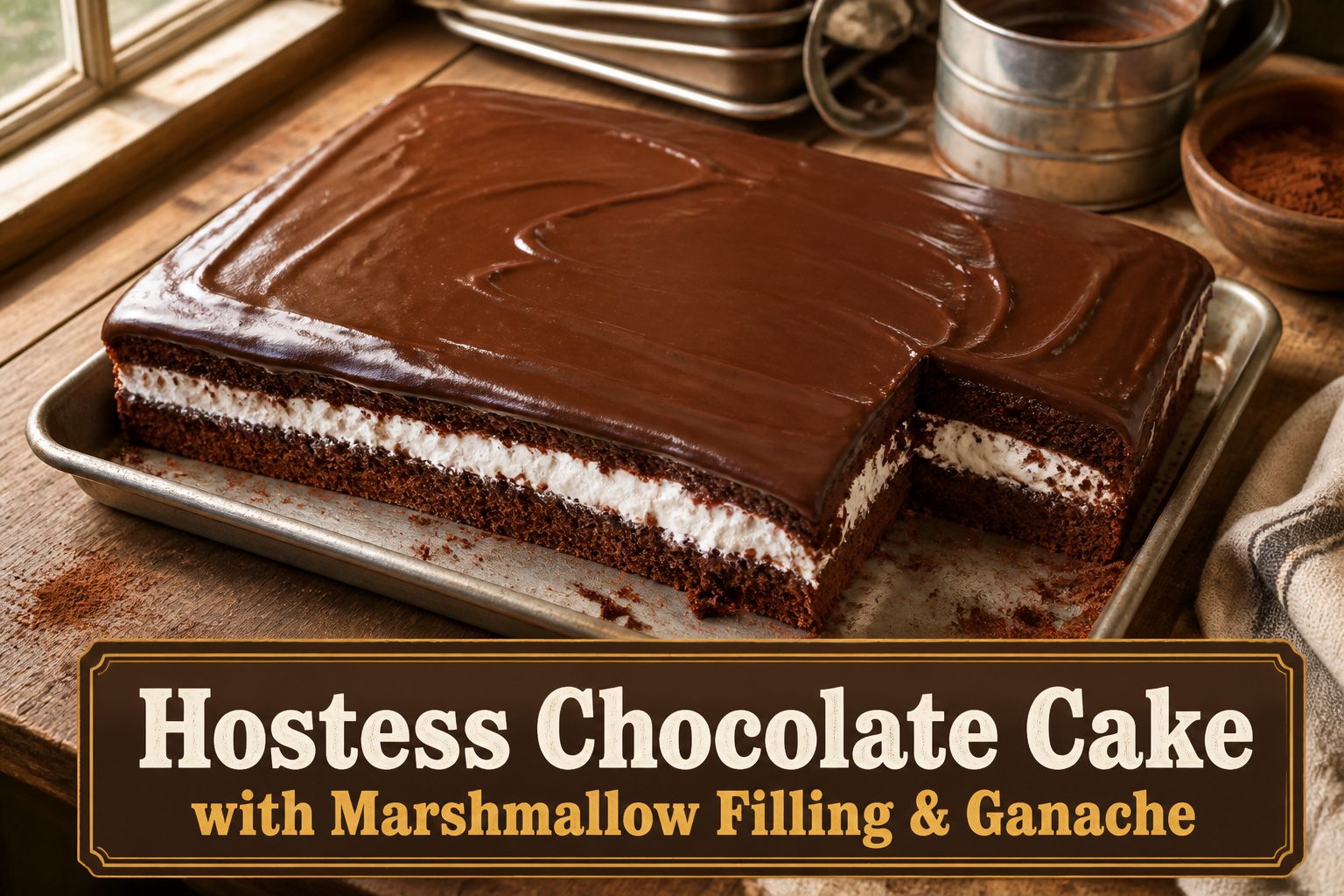Homemade Hostess chocolate cake with layers of marshmallow filling and ganache.
