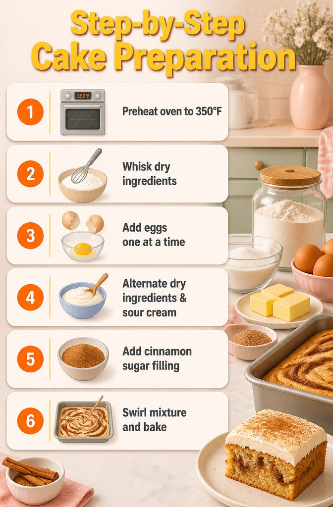 Step-by-step preparation process for cinnamon swirl cake.