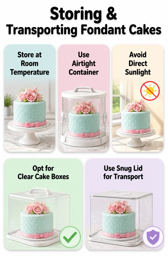 A clear box containing a fondant cake, showcasing its design.