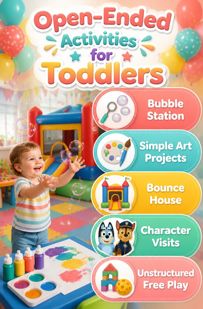 17 Best 2nd Birthday Party Themes Kids Will Love 20 Image showing open-ended activities suitable for two-year-olds at a party.