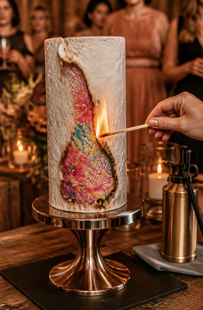 Burn-away cake with a hidden message under wafer paper.