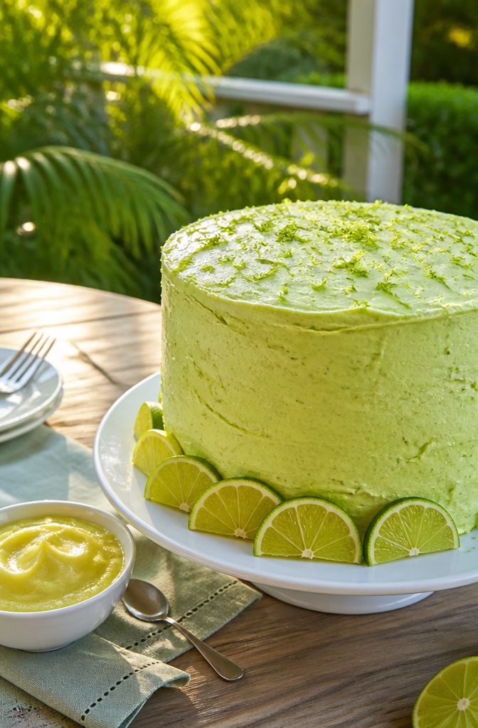 20 Summer Birthday Cake Ideas for Every Celebration 9 Key lime cake with green frosting and fresh lime slices on a plate.
