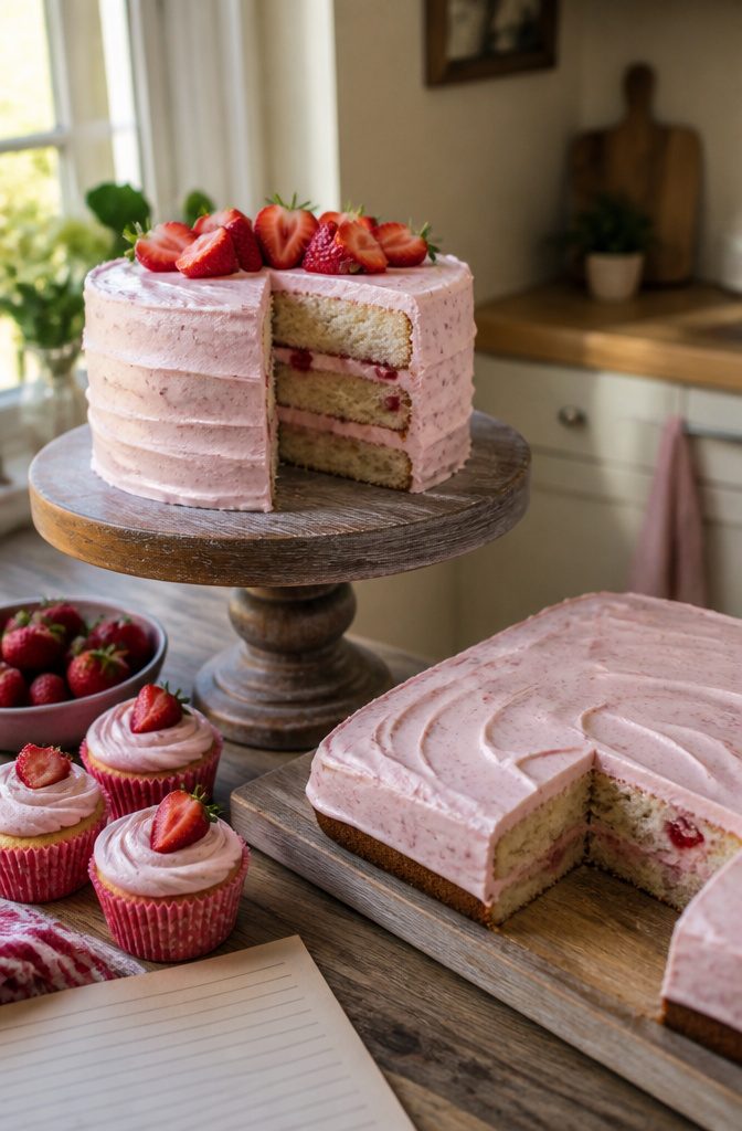 A tall layer cake and a sheet cake on display.