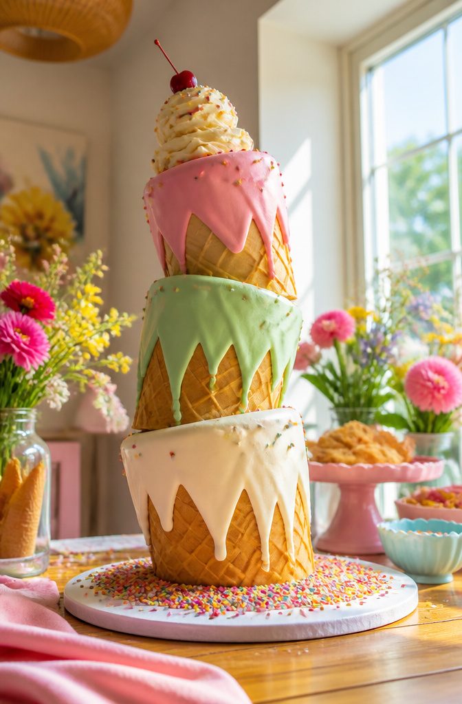 A cake stacked at an angle to resemble melting ice cream.