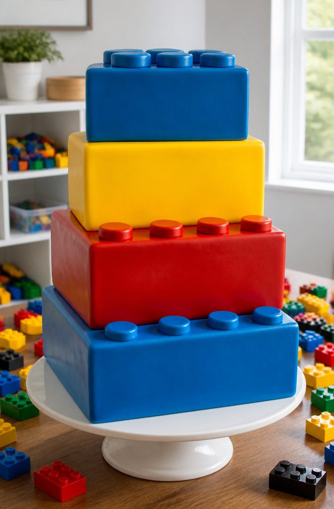 A cake resembling a stack of Lego bricks in bright colors.