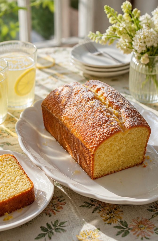 A Lemon Drizzle Cake with a glossy top and powdered sugar.