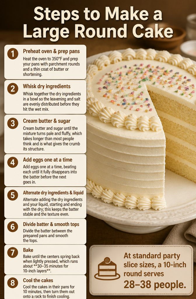 Infographic detailing steps to make a large round cake.