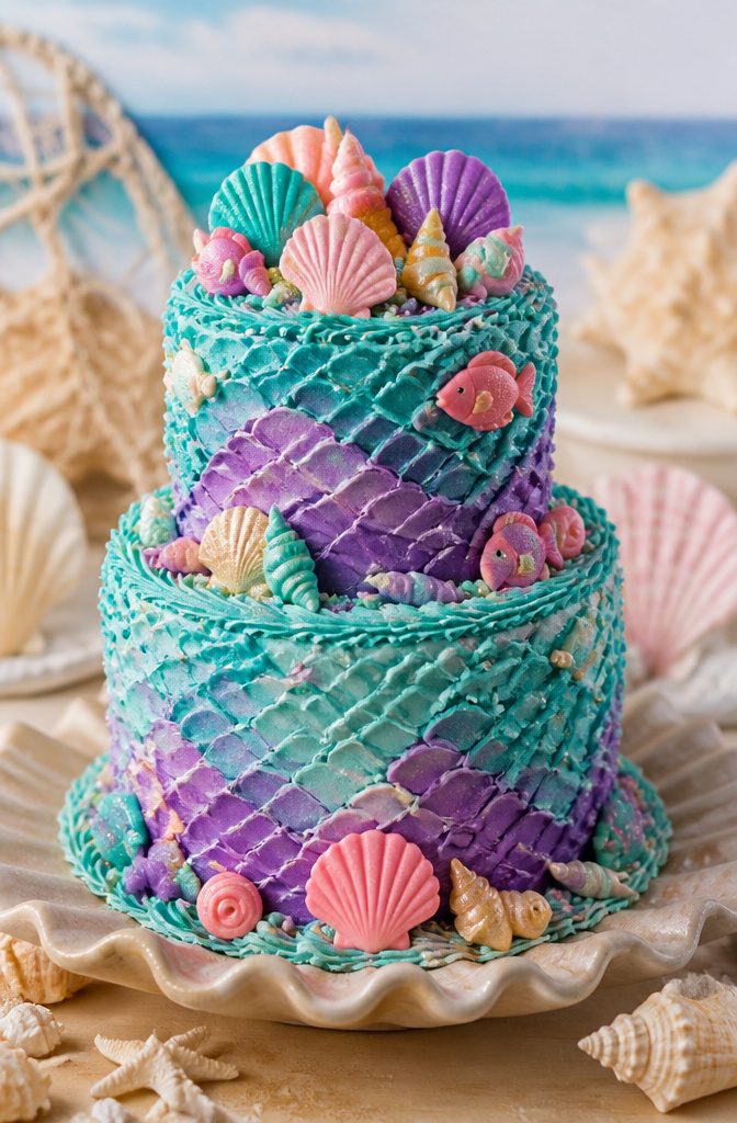 20 Summer Birthday Cake Ideas for Every Celebration 18 Mermaid layer cake with buttercream scales in teal and purple.