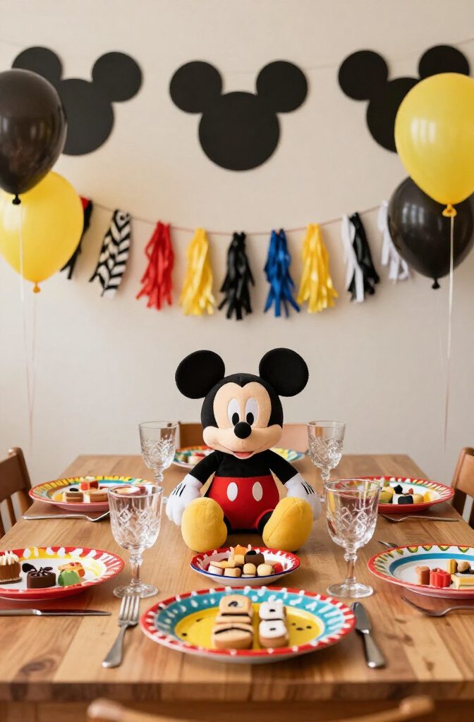 17 Best 2nd Birthday Party Themes Kids Will Love 3 Mickey Mouse birthday party table with colorful plates and a plush Mickey.