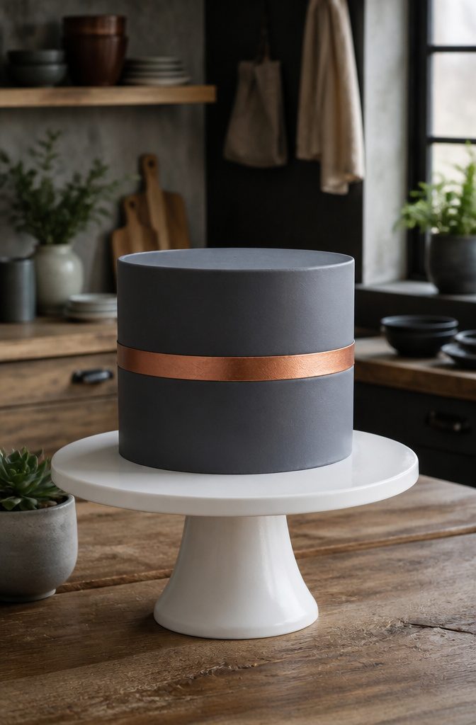 Smooth slate-gray cake with a copper band around its midsection.