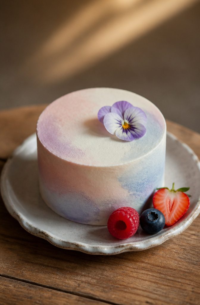 A small layer cake decorated with a single flower and ombré frosting.