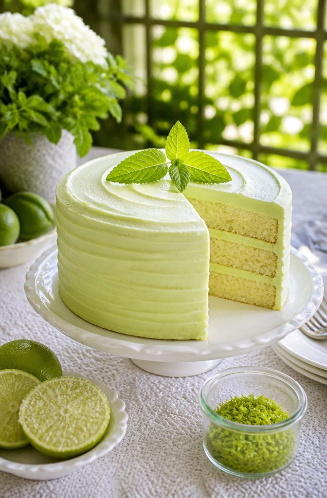 20 Summer Birthday Cake Ideas for Every Celebration 7 Mojito cake with green frosting and a lime slice beside it.