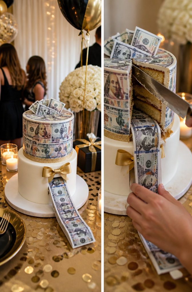 Layer cake with a hidden roll of bills for a money-pull feature.