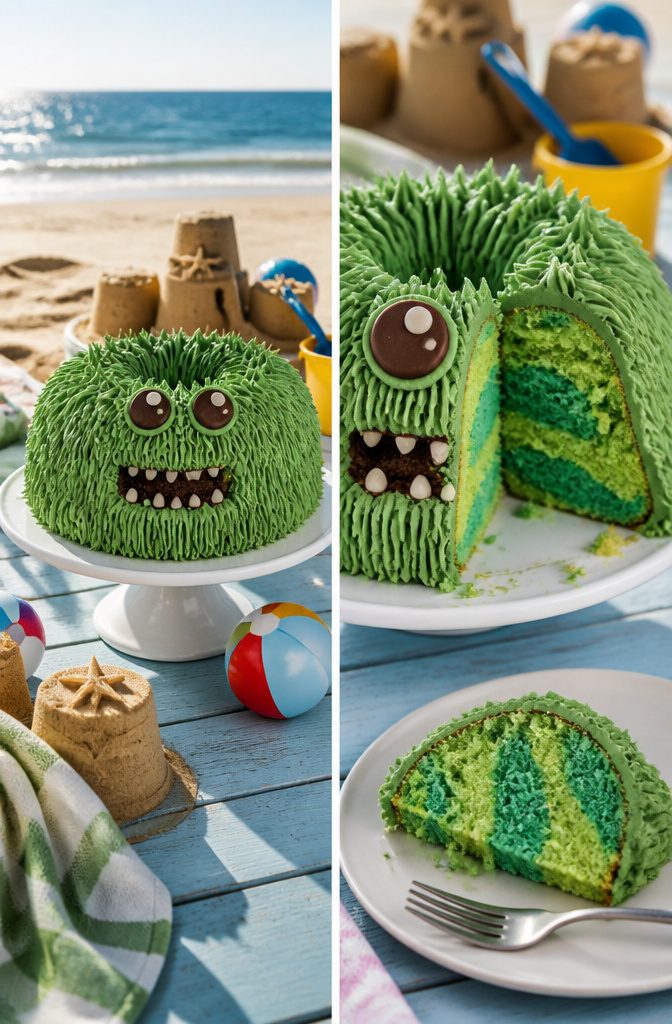 Bundt cake designed to look like a monster with buttercream and candy.