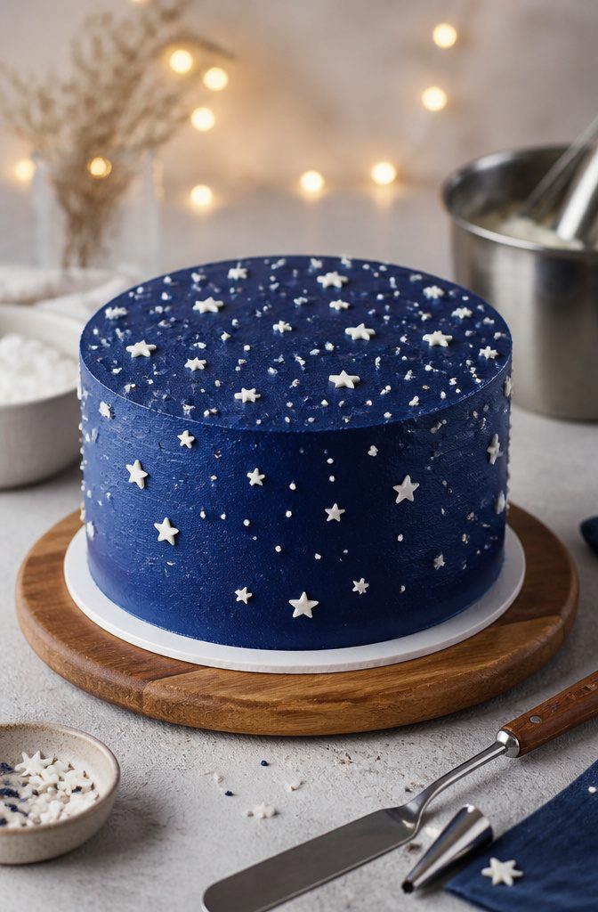 18 Simple Cake Designs Anyone Can Make at Home 11 Navy cream cake with tiny white stars scattered across the surface.